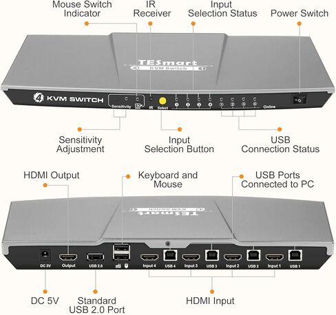 محول TESmart 4 منافذ HDMI KVM، يدعم 4K@30 هرتز RGB 4:4:4، محور USB 2.0، EDID، مفتاح التشغيل السريع، تبديل الأزرار، جهاز التحكم عن بعد بالأشعة تحت الحمراء، صندوق تبديل ماوس لوحة مفاتيح الكمبيوتر لـ 4 أجهزة كمبيوتر/خوادم/DVR مع كابلات بطول 5 أقدام in Kuwait