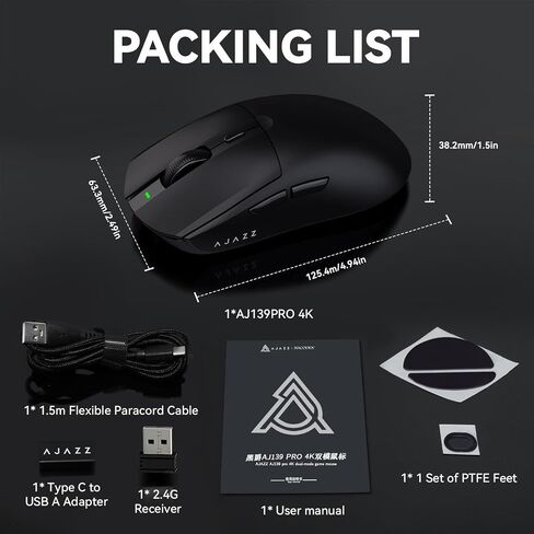 ماوس ألعاب ATTACK SHARK AJ139 G Pro خفيف الوزن للغاية 59 جرام مع مستقبل USB سلكي من النوع C يصل إلى 26000 نقطة في البوصة 6 أزرار قابلة للبرمجة PAW 3395 مستشعر مريح متماثل لأجهزة PS4 Xbox PC Mac Gamer (أسود) in Kuwait