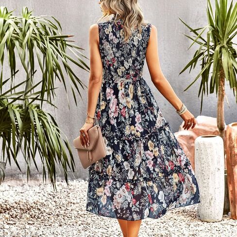 YNIQUE Women's Dress 2023 Summer Casual Boho Dress Floral Print Ruffle Sleeveless High Waist Midi Beach Dresses in Saudi Arabia