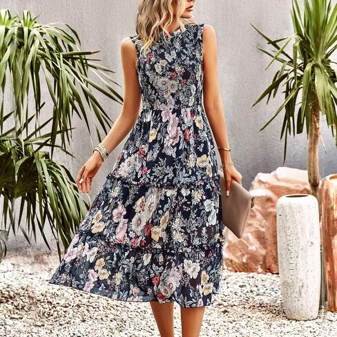 YNIQUE Women's Dress 2023 Summer Casual Boho Dress Floral Print Ruffle Sleeveless High Waist Midi Beach Dresses in Saudi Arabia
