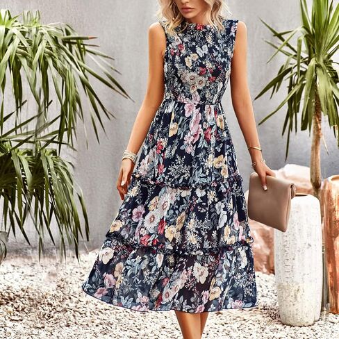 YNIQUE Women's Dress 2023 Summer Casual Boho Dress Floral Print Ruffle Sleeveless High Waist Midi Beach Dresses in Saudi Arabia