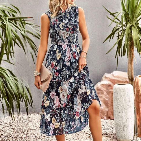 YNIQUE Women's Dress 2023 Summer Casual Boho Dress Floral Print Ruffle Sleeveless High Waist Midi Beach Dresses in Saudi Arabia