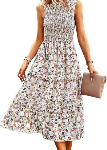 YNIQUE Women's Dress 2023 Summer Casual Boho Dress Floral Print Ruffle Sleeveless High Waist Midi Beach Dresses in Saudi Arabia