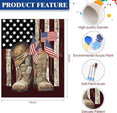 طلاء Wodison DIY بالأرقام للبالغين والأطفال، مجموعة طلاء زيتي للأحذية الوطنية ذات العلم الأمريكي على القماش مقاس 16 × 20 بوصة لديكور جدار المنزل للمبتدئين (بدون إطار) in Kuwait