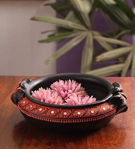Shabana Art Potteries Handmade Earthenware Decorative Flower Pot Potpourri/Uruli/Urli - Black (Dia - 11.5 inch) in Saudi Arabia