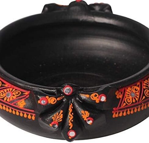 Shabana Art Potteries Handmade Earthenware Decorative Flower Pot Potpourri/Uruli/Urli - Black (Dia - 11.5 inch) in Saudi Arabia