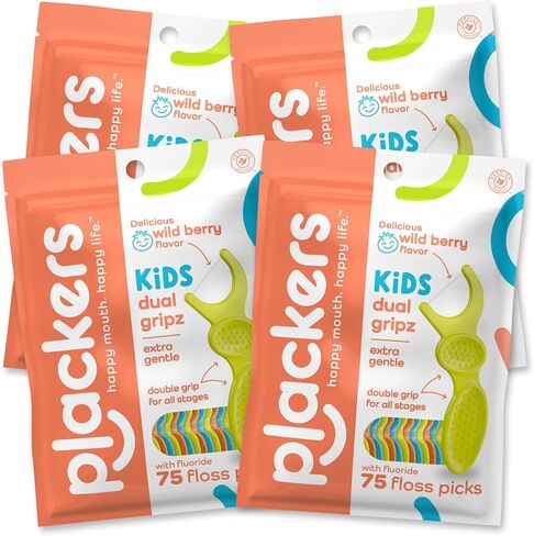 Plackers Kids Dual Gripz Floss Picks with Double Grip handle, Wild Berry Flavor, Colorful Floss Picks for Kids of All Ages, 75 Count (Pack of 4) in Kuwait