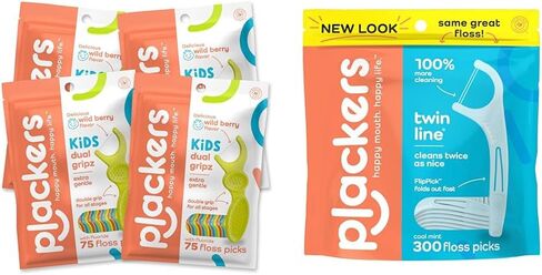 Plackers Kids Dual Gripz Floss Picks with Double Grip handle, Wild Berry Flavor, Colorful Floss Picks for Kids of All Ages, 75 Count (Pack of 4) in Kuwait