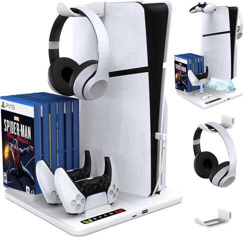 محطة تبريد رفيعة لجهاز PS5 مع محطة شحن وحدة تحكم مزدوجة لوحدة تحكم Playstation 5 Slim وحامل تبريد عمودي مع مروحة تبريد لملحقات PS5 Slim وحامل سماعة الرأس وتخزين 6 ألعاب in Kuwait