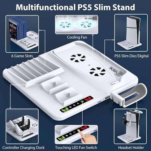 محطة تبريد رفيعة لجهاز PS5 مع محطة شحن وحدة تحكم مزدوجة لوحدة تحكم Playstation 5 Slim وحامل تبريد عمودي مع مروحة تبريد لملحقات PS5 Slim وحامل سماعة الرأس وتخزين 6 ألعاب in Kuwait