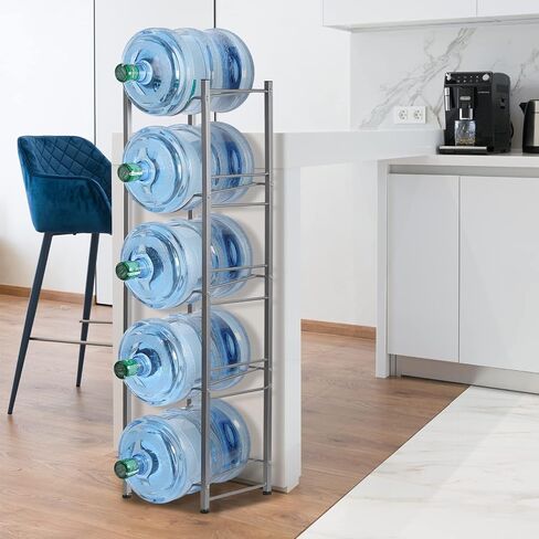 HEOMU 5 Gallon Water Jug Rack, 5-Tier Water Bottle Holder Storage Rack, Water Jug Organizer for Kitchen, Office, Garage, Silver in Saudi Arabia