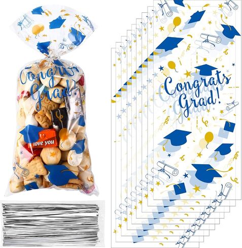 100 Pieces Graduation Cellophane Treat Bags, Congrats Graduates Candy Present Bags Plastic Clear Goodie Wrapping Bags with 100 Silver Twist Ties for Graduation Day Grad Party Supplies (Blue Gold) in Saudi Arabia