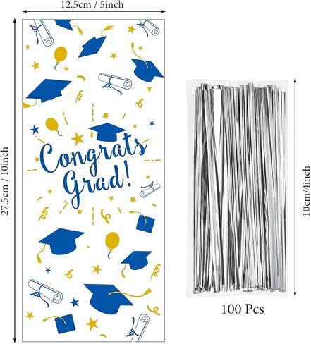 100 Pieces Graduation Cellophane Treat Bags, Congrats Graduates Candy Present Bags Plastic Clear Goodie Wrapping Bags with 100 Silver Twist Ties for Graduation Day Grad Party Supplies (Blue Gold) in Saudi Arabia