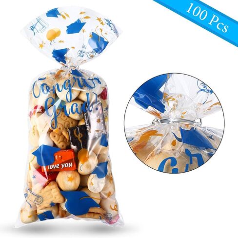100 Pieces Graduation Cellophane Treat Bags, Congrats Graduates Candy Present Bags Plastic Clear Goodie Wrapping Bags with 100 Silver Twist Ties for Graduation Day Grad Party Supplies (Blue Gold) in Saudi Arabia