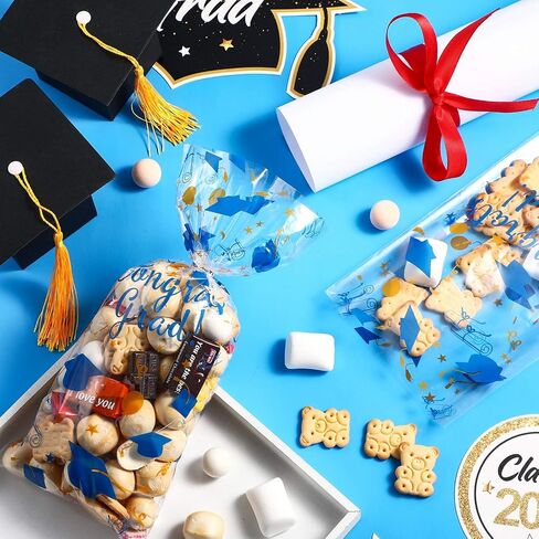 100 Pieces Graduation Cellophane Treat Bags, Congrats Graduates Candy Present Bags Plastic Clear Goodie Wrapping Bags with 100 Silver Twist Ties for Graduation Day Grad Party Supplies (Blue Gold) in Saudi Arabia