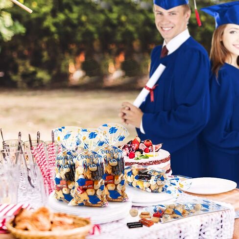 100 Pieces Graduation Cellophane Treat Bags, Congrats Graduates Candy Present Bags Plastic Clear Goodie Wrapping Bags with 100 Silver Twist Ties for Graduation Day Grad Party Supplies (Blue Gold) in Saudi Arabia