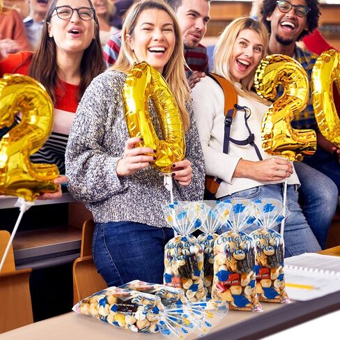 100 Pieces Graduation Cellophane Treat Bags, Congrats Graduates Candy Present Bags Plastic Clear Goodie Wrapping Bags with 100 Silver Twist Ties for Graduation Day Grad Party Supplies (Blue Gold) in Saudi Arabia