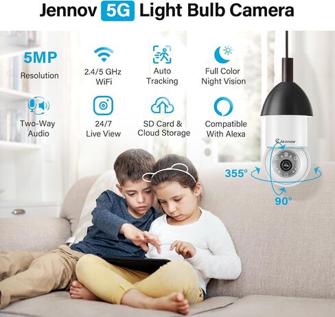 Jennov 5MP Light Bulb Security Camera Wireless Outdoor IP66 Waterproof - 5Ghz&2.4Ghz Indoor Cameras for Home Security, 360° Lightbulb Socket Camera, Color Night Vision, Motion Detect, Auto Tracking in Saudi Arabia