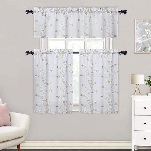 CAROMIO Modern Sheer Beige Dandelion Window Tier Curtains Rod Pocket Short Curtain Kitchen Curtains for Cafe Living Room Bedroom 2 Panels, 26x24 Inches in Saudi Arabia