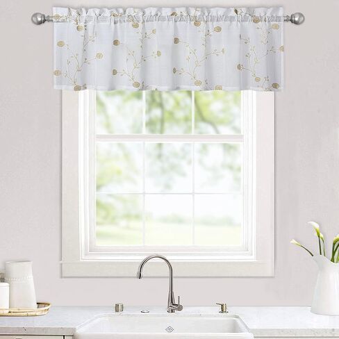 CAROMIO Sheer Cafe Valance ستارة مطرزة باللون البيج الهندباء للنوافذ القصيرة ستارة المطبخ لغرفة المعيشة، 52 × 15 بوصة in Saudi Arabia