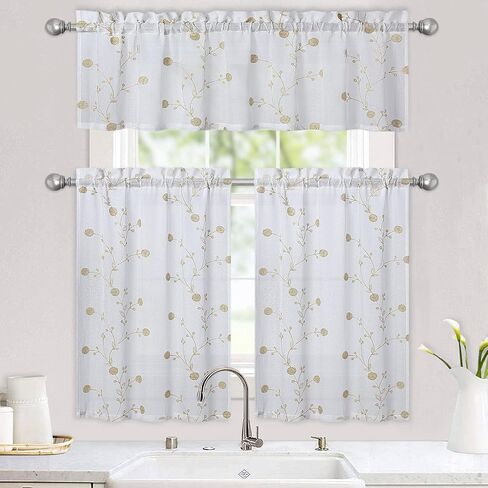 CAROMIO Sheer Cafe Valance ستارة مطرزة باللون البيج الهندباء للنوافذ القصيرة ستارة المطبخ لغرفة المعيشة، 52 × 15 بوصة in Saudi Arabia
