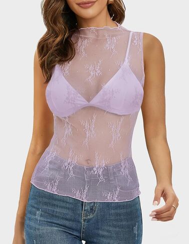 قمصان نسائية من NENONA بدون أكمام شبكية شفافة ورقبة وهمية من الدانتيل وزهور شفافة in Kuwait