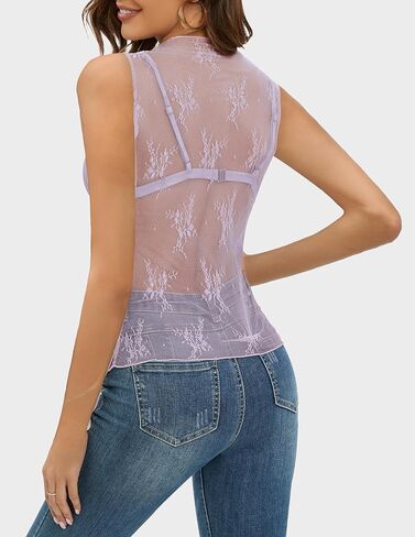 قمصان نسائية من NENONA بدون أكمام شبكية شفافة ورقبة وهمية من الدانتيل وزهور شفافة in Kuwait