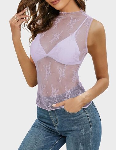 قمصان نسائية من NENONA بدون أكمام شبكية شفافة ورقبة وهمية من الدانتيل وزهور شفافة in Kuwait