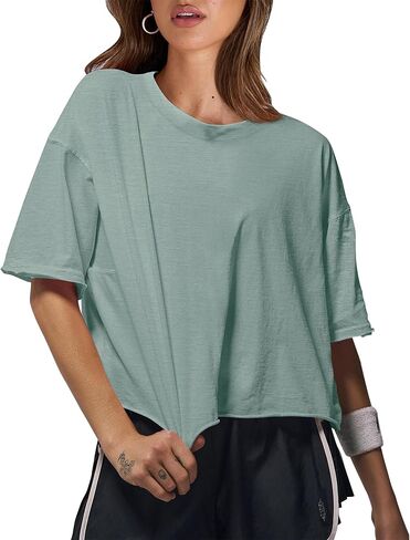 AKEWEI Women's Short Sleeve Crop Tops with Raw-Cut Hem Summer Casual Crewneck Drop Shoulder Shirts Solid Workout T-Shirt in Kuwait