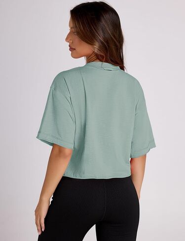 AKEWEI Women's Short Sleeve Crop Tops with Raw-Cut Hem Summer Casual Crewneck Drop Shoulder Shirts Solid Workout T-Shirt in Kuwait