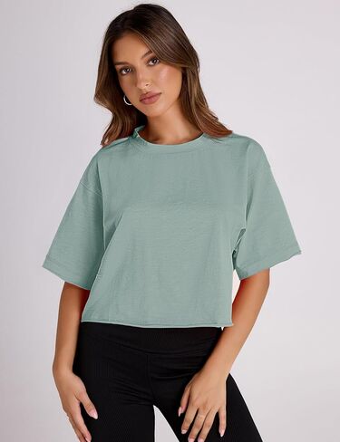 AKEWEI Women's Short Sleeve Crop Tops with Raw-Cut Hem Summer Casual Crewneck Drop Shoulder Shirts Solid Workout T-Shirt in Kuwait