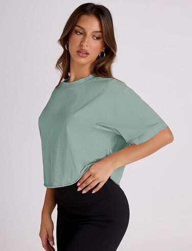 AKEWEI Women's Short Sleeve Crop Tops with Raw-Cut Hem Summer Casual Crewneck Drop Shoulder Shirts Solid Workout T-Shirt in Kuwait