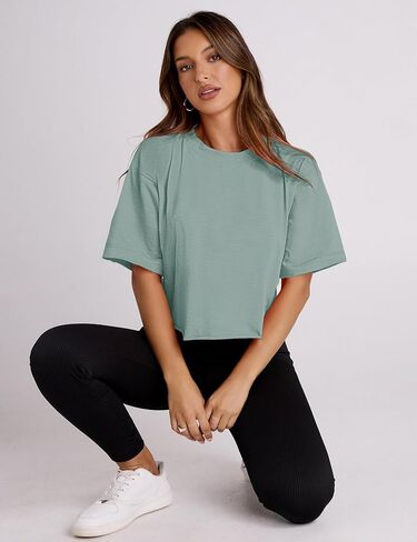 AKEWEI Women's Short Sleeve Crop Tops with Raw-Cut Hem Summer Casual Crewneck Drop Shoulder Shirts Solid Workout T-Shirt in Kuwait