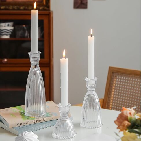Candle Stick Candle Holder, 2024 Glass Candle Holders for Table Centerpiece, Vintage Ribbed Candle Holder 3Pack for Home Decor, Wedding, Party (Amber) in Saudi Arabia