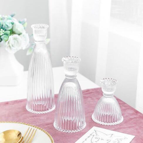 Candle Stick Candle Holder, 2024 Glass Candle Holders for Table Centerpiece, Vintage Ribbed Candle Holder 3Pack for Home Decor, Wedding, Party (Amber) in Saudi Arabia