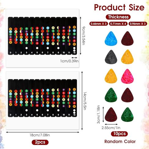 ورقتان من ملصقات لوحة الجيتار مع 10 قطع من قطع الجيتار، ملصقات ملاحظات الجيتار المرمزة بالألوان للمبتدئين تناسب 6 أوتار جيتار صوتي in Kuwait