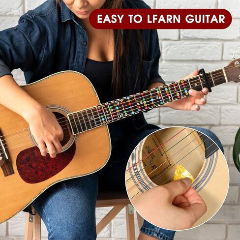 ورقتان من ملصقات لوحة الجيتار مع 10 قطع من قطع الجيتار، ملصقات ملاحظات الجيتار المرمزة بالألوان للمبتدئين تناسب 6 أوتار جيتار صوتي in Kuwait