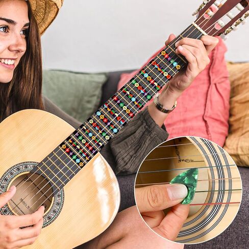 ورقتان من ملصقات لوحة الجيتار مع 10 قطع من قطع الجيتار، ملصقات ملاحظات الجيتار المرمزة بالألوان للمبتدئين تناسب 6 أوتار جيتار صوتي in Kuwait