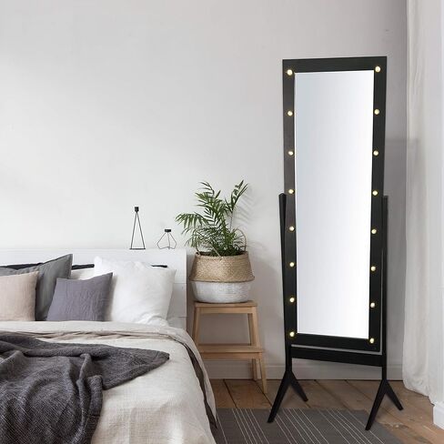 eHomeProducts مصابيح LED بلمسة نهائية سوداء، مرآة أرضية خشبية لغرفة النوم، حامل مرآة مكياج هوليوود in Kuwait