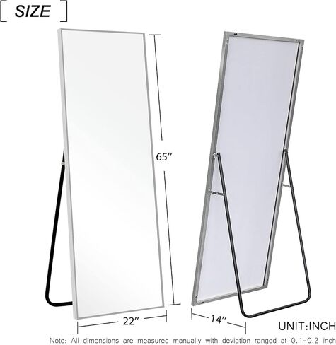 NeuType Full Length Mirror, 65" x 22" Aluminum Alloy Frame Floor Mirror with Stand, Mirror Full Length, Free Standing or Wall Mounted or Leaning Against Wall, Brushed Silver in Saudi Arabia