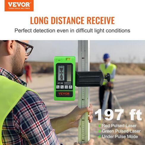 جهاز استقبال ليزر VEVOR لمستوى الليزر الخطي، نطاق عمل 200 قدم، كاشف شعاع ليزر أخضر وأحمر لخط الليزر النبضي، مكبر صوت قابل للتعديل وشاشة LCD مزدوجة ومستوى فقاعات مدمج، يتضمن مشبك in Kuwait