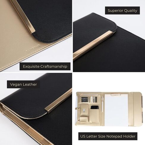 حافظة محفظة - حافظة جلدية نباتية سوداء للنساء - حافظة محفظة جلدية مع زخرفة ذهبية - دفتر منظم المحفظة - حافظة مجلد احترافية - حافظة محفظة أعمال من بلو موناكو in Kuwait