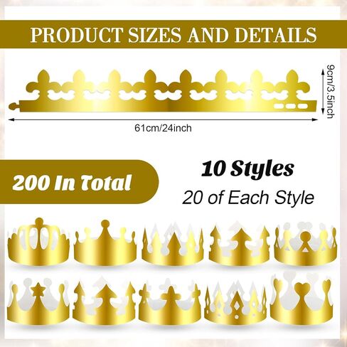 200 Pcs Golden Paper Crowns Bulk Gold Princess King Crown Party Hats for Kids Adults Birthday Decoration in Saudi Arabia
