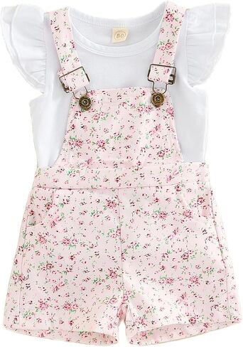 Toddler Baby Girl Overalls Ruffle Sleeve T-Shirt Top Floral Suspender Short Pants Little Kids Summer Clothes Set in Kuwait