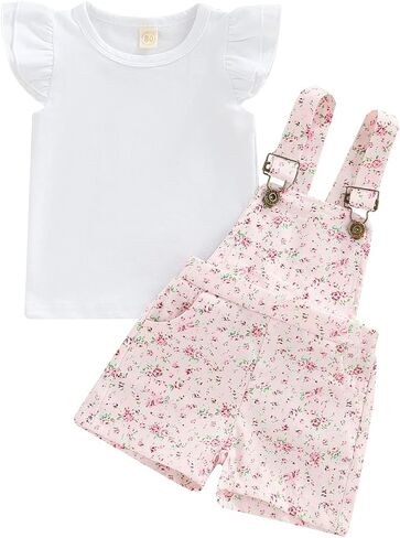 Toddler Baby Girl Overalls Ruffle Sleeve T-Shirt Top Floral Suspender Short Pants Little Kids Summer Clothes Set in Kuwait