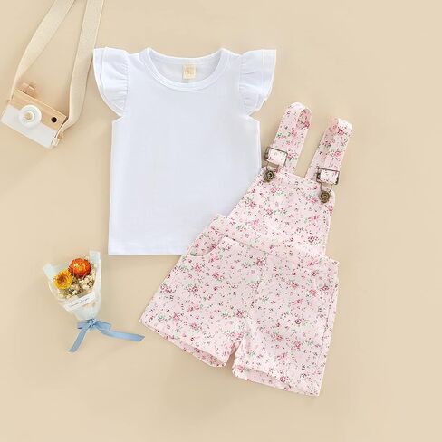 Toddler Baby Girl Overalls Ruffle Sleeve T-Shirt Top Floral Suspender Short Pants Little Kids Summer Clothes Set in Kuwait