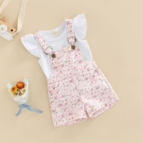 Toddler Baby Girl Overalls Ruffle Sleeve T-Shirt Top Floral Suspender Short Pants Little Kids Summer Clothes Set in Kuwait