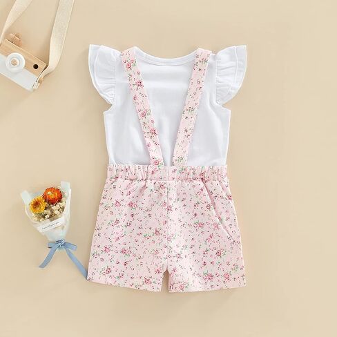 Toddler Baby Girl Overalls Ruffle Sleeve T-Shirt Top Floral Suspender Short Pants Little Kids Summer Clothes Set in Kuwait
