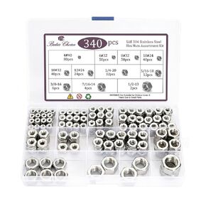Bates- SAE Hex Nuts Assortment Kit, 11 Sizes, 340 pcs, Stainless Steel, 4#40 6#32 8#32 10#24 10#32 12#24 1/4"-20 5/16"-18 3/8"-16 1/2"-13, Hardware Nuts in Kuwait