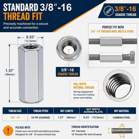 8 Pack 3/8"-16 Hex Coupling Nuts, Carbon Steel Threaded Rod Extension, Structural Fastening for Furniture & Machinery Assembly Systems in Kuwait